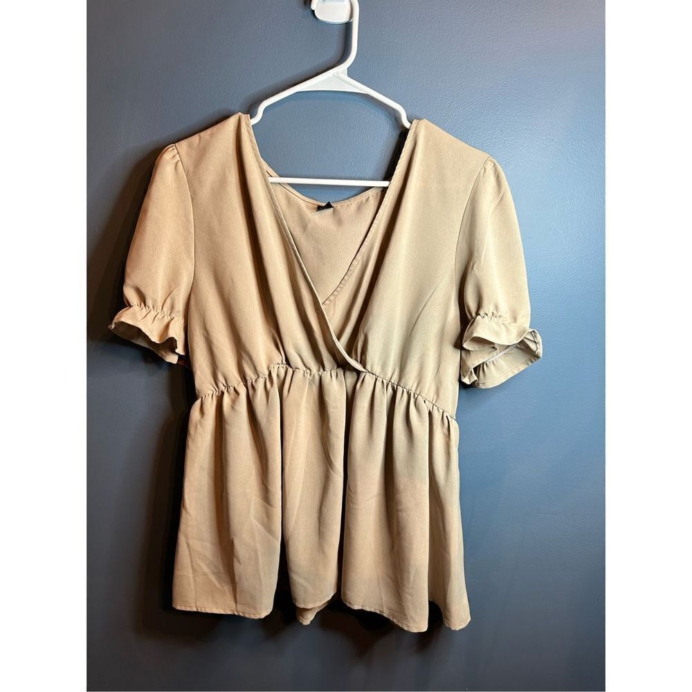 SHEIN Maternity Surplice Neck Puff Sleeve Peplum Top Khaki Size XL